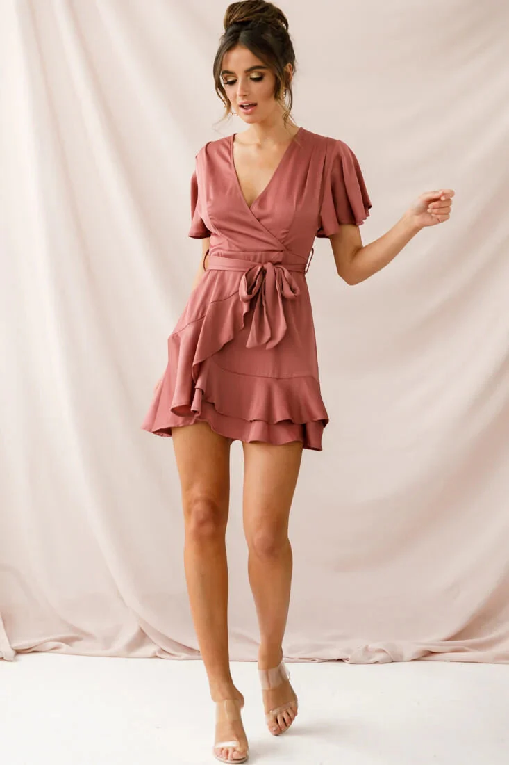 Cami Angel Sleeve Faux Wrap Dress Rose