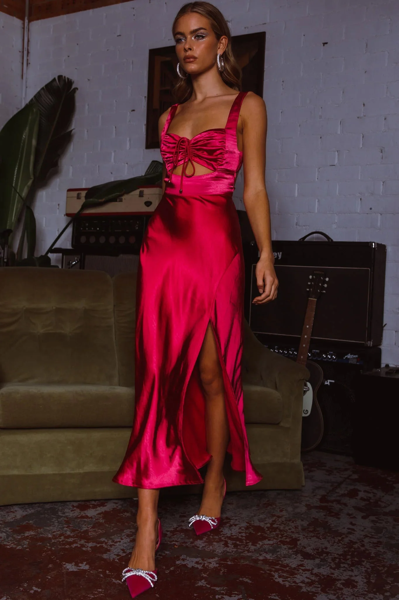 Belle Epoque Drawstring Bust Midi Dress Hot Pink