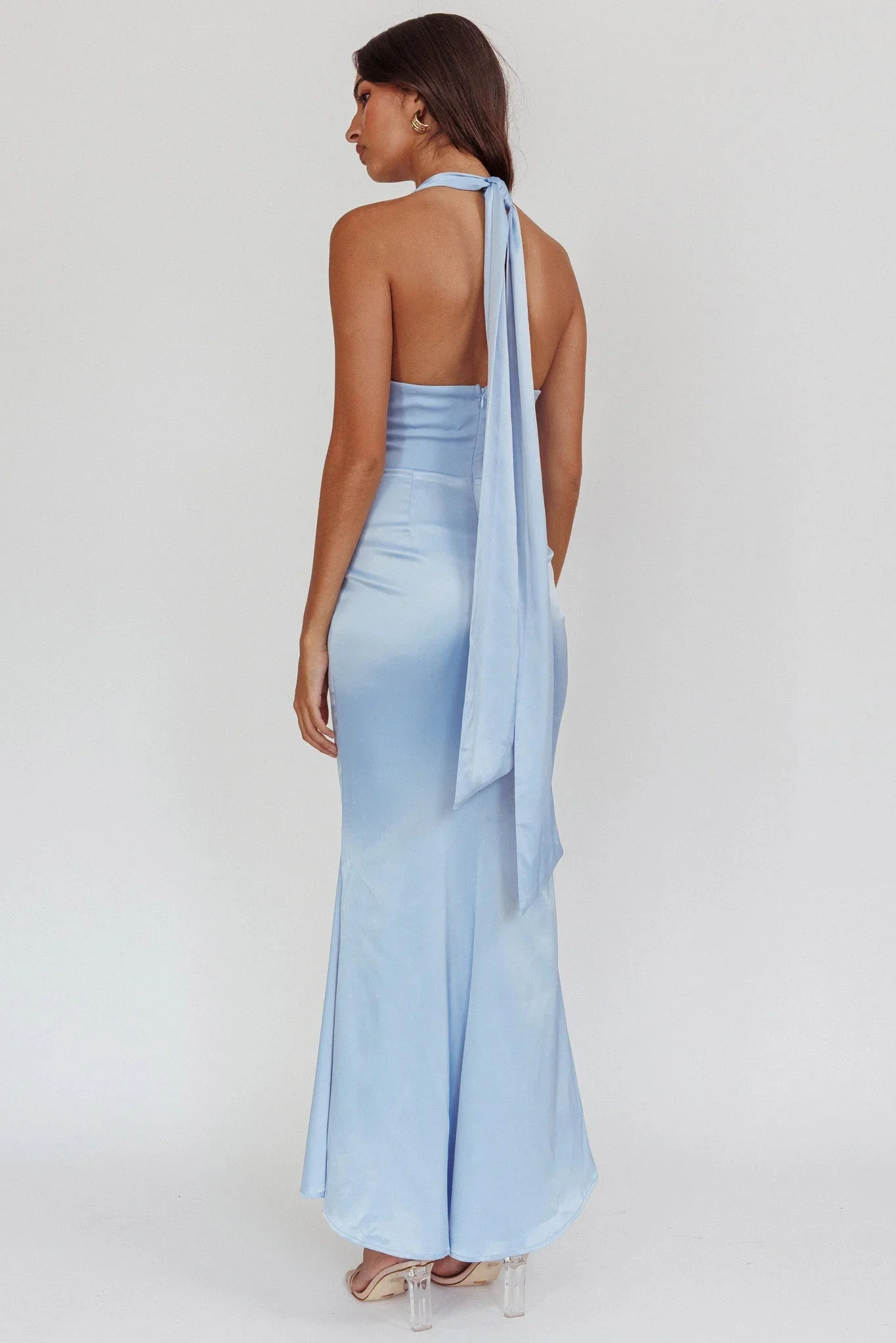 Italia Azure Pleat Bodice Halterneck Maxi Dress Light Blue