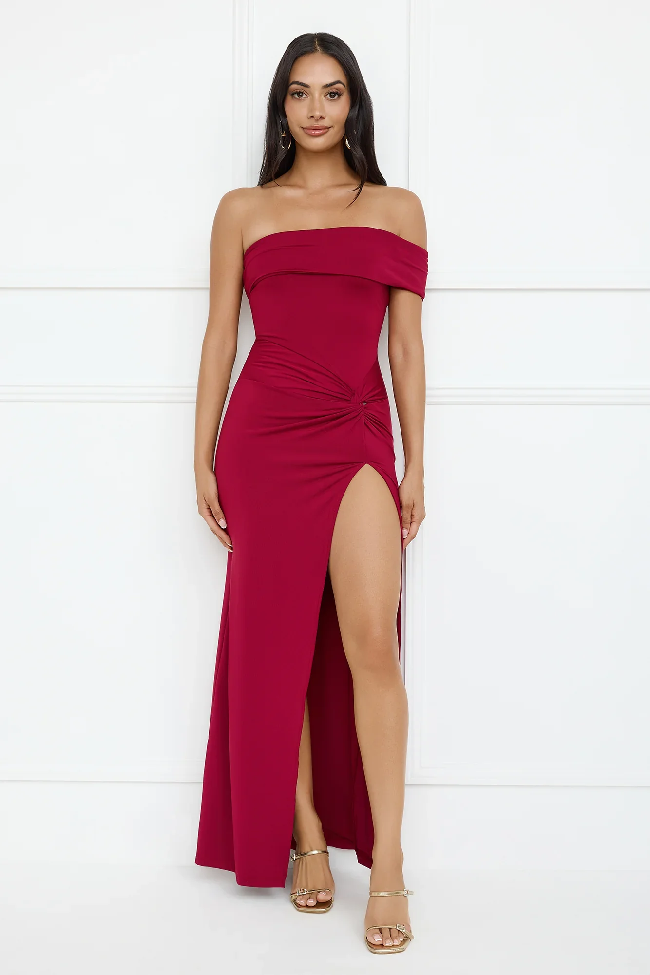 Lavish Luxe Off Shoulder Maxi Dress Burgundy