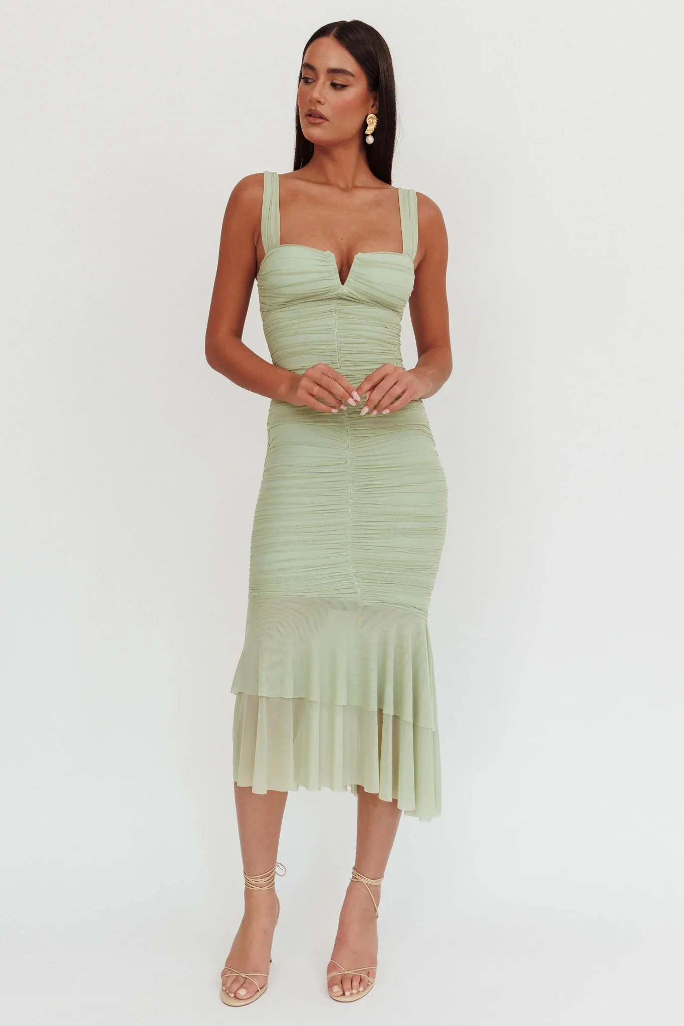 Nadia Ruched Fishtail Maxi Dress Pistachio