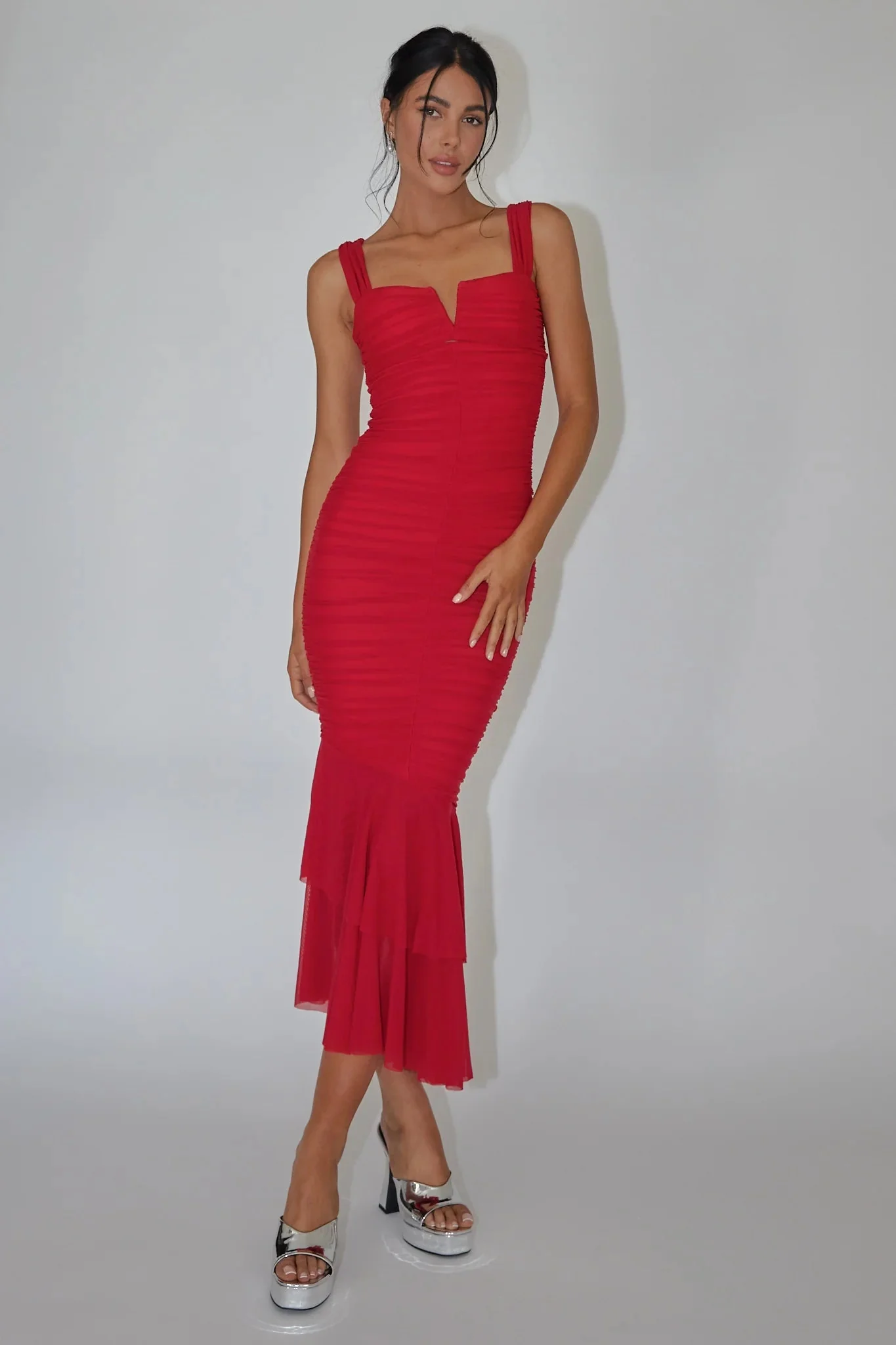 Nadia Ruched Fishtail Maxi Dress Red