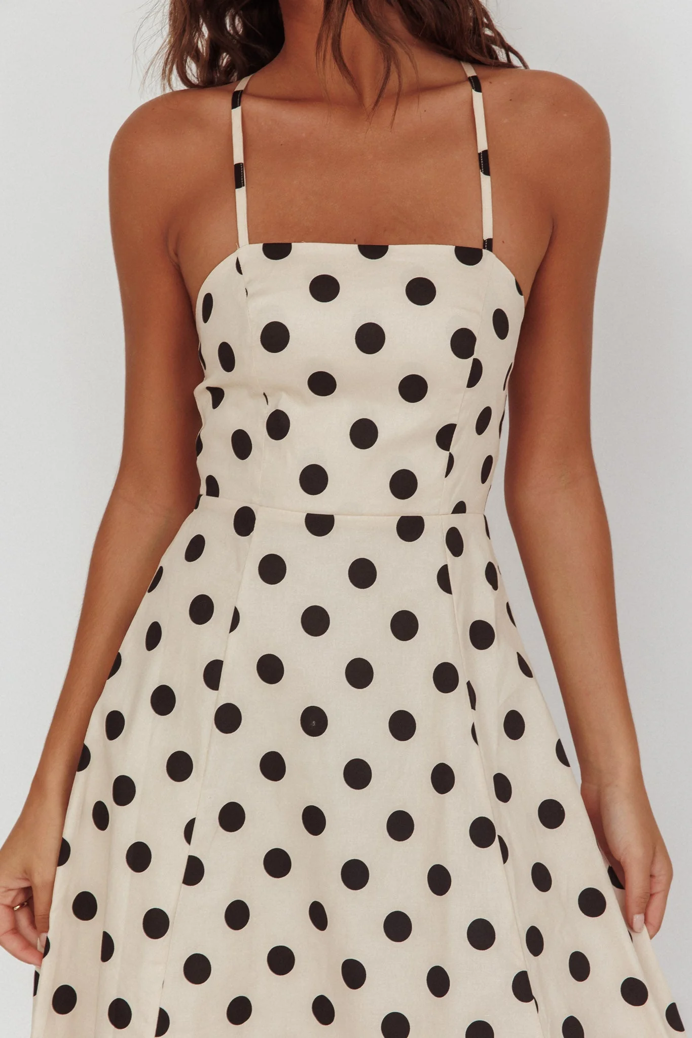Second Glance Olga Criss-Cross Back Midi Dress Polka Dot Beige