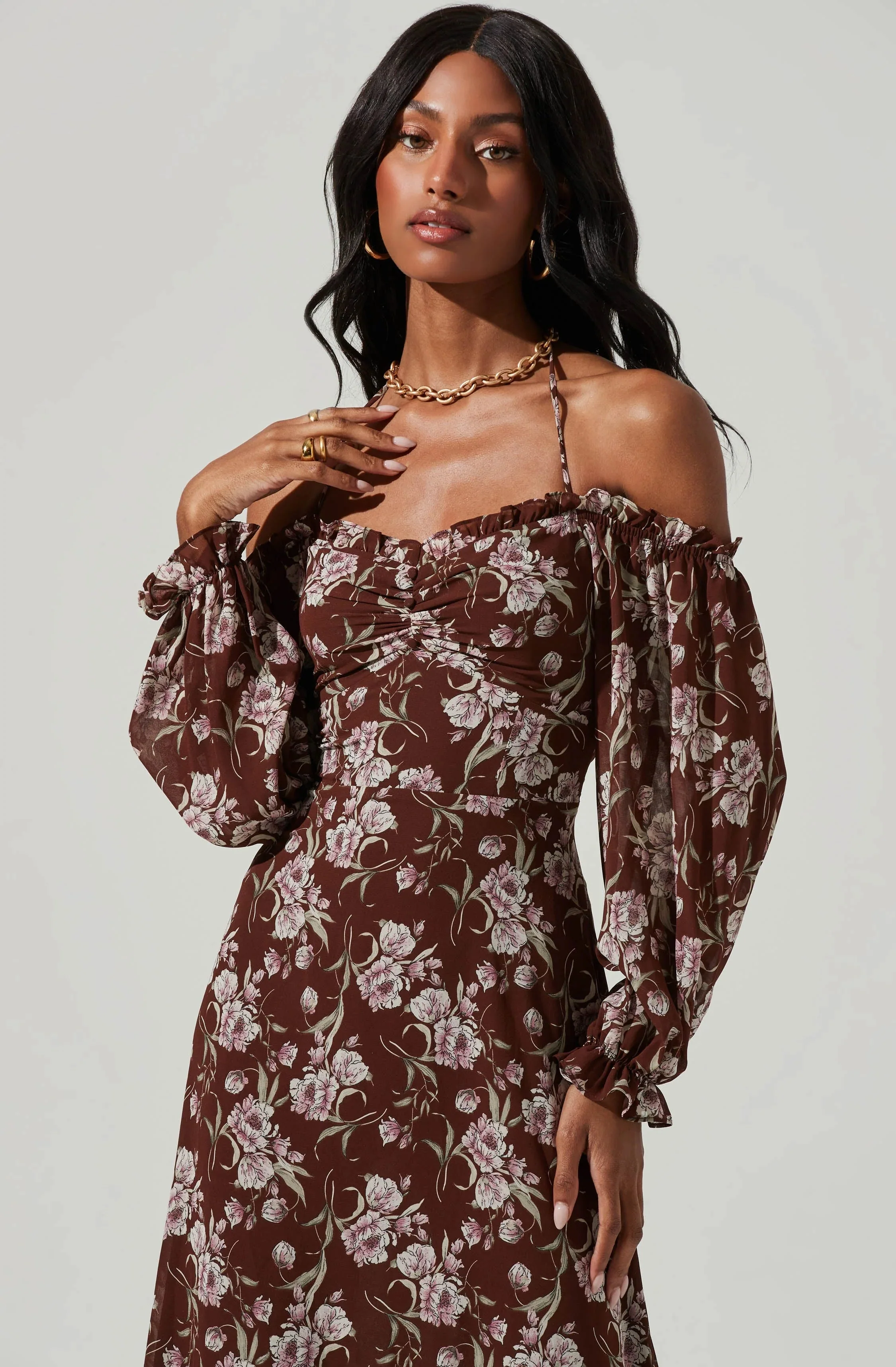 Off Shoulder Long Sleeve Cinched Bust Midi Dress