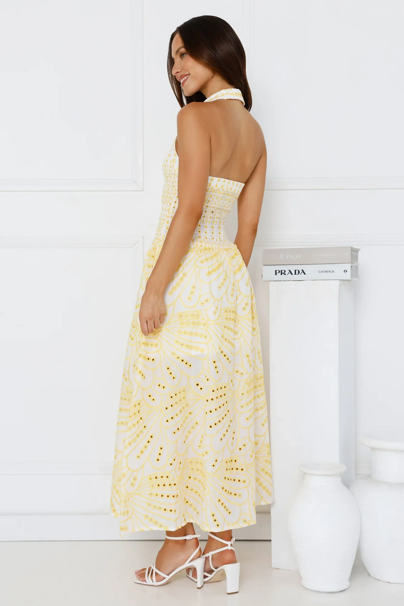 Leona Halter Embroidered Maxi Dress Yellow