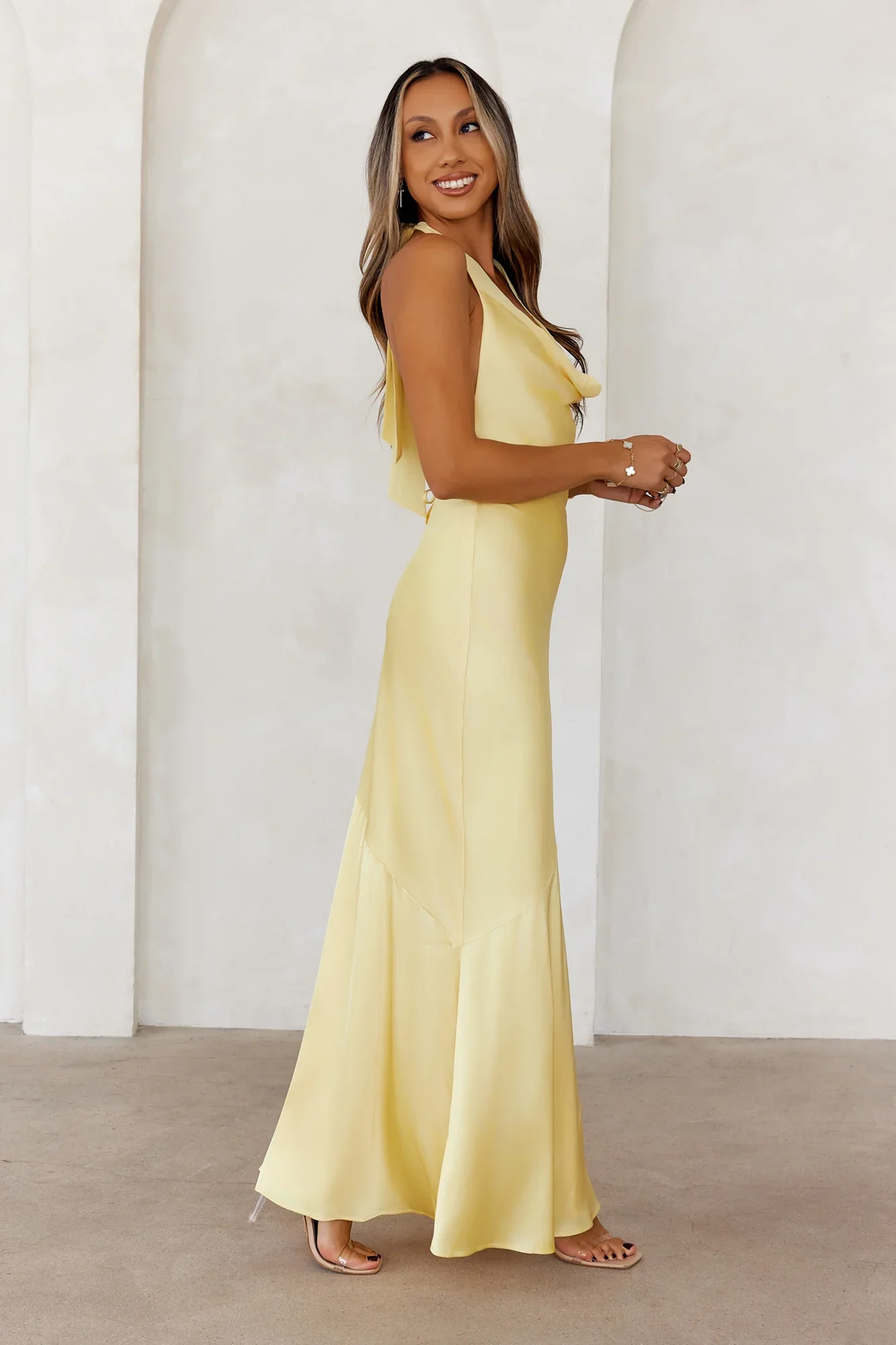 Lavish Lifestyle Satin Halter Maxi Dress Yellow