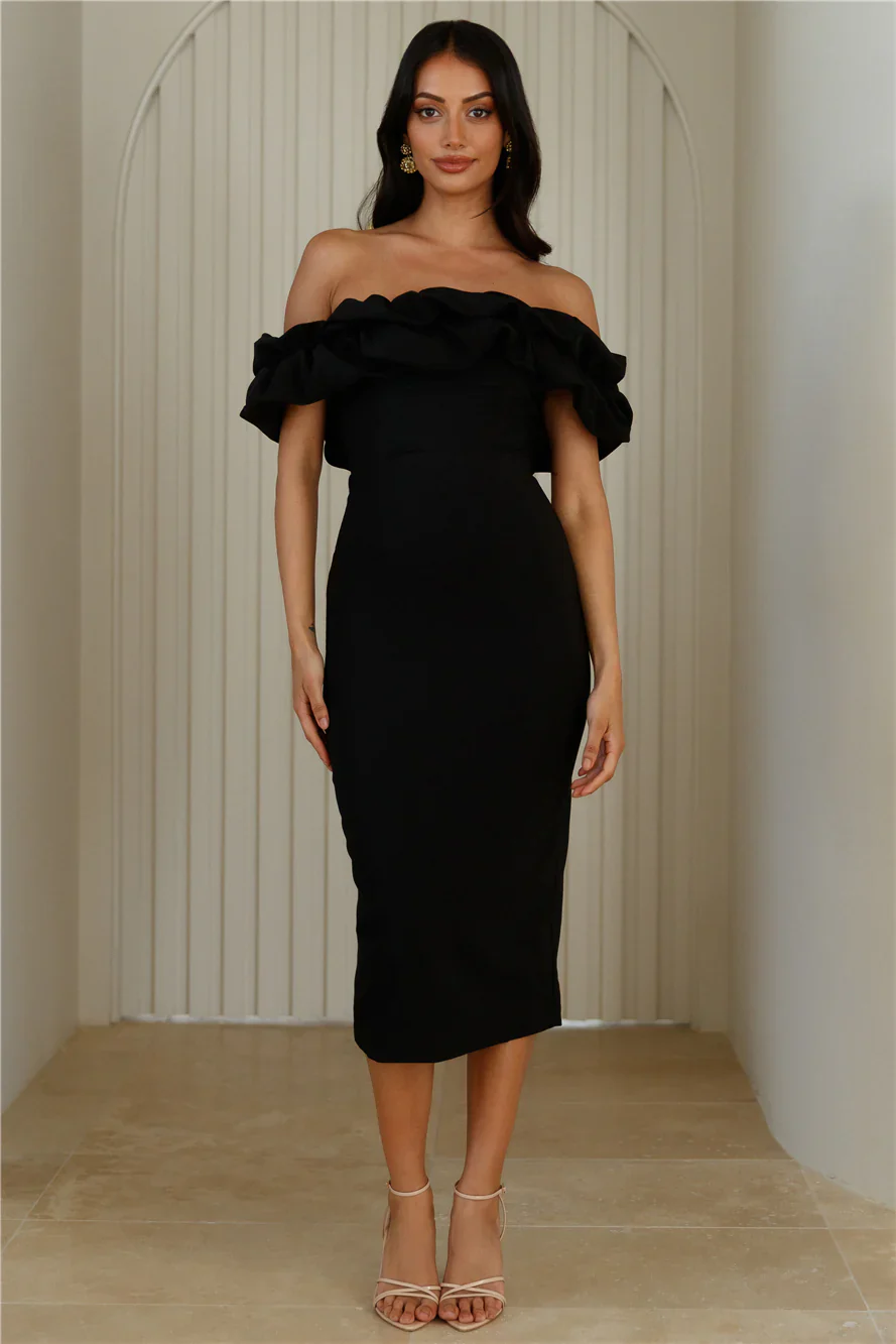 Idolise Off Shoulder Frill Midi Dress Black