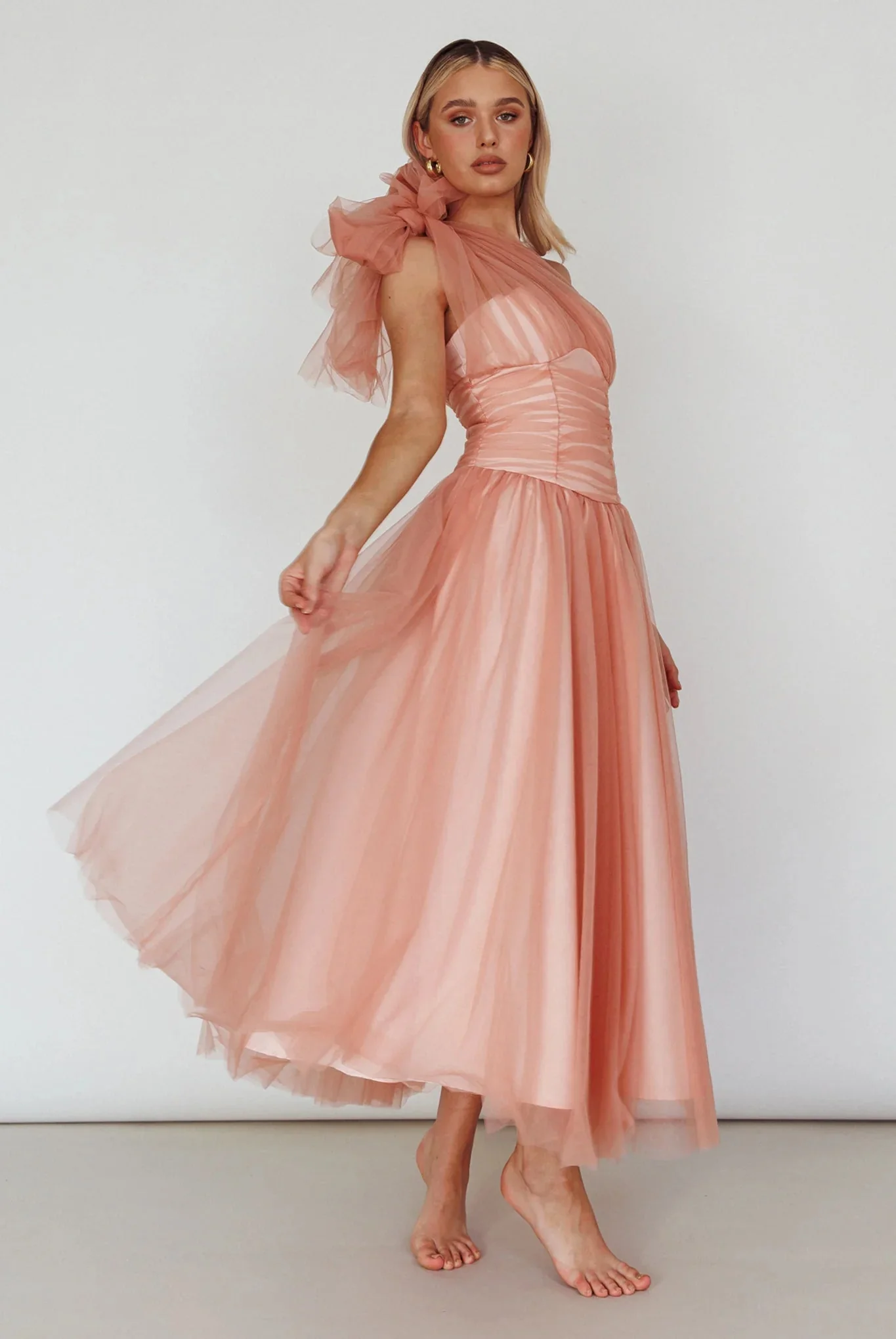 Let's Elope Bow Shoulder Midi Dress Lipstick