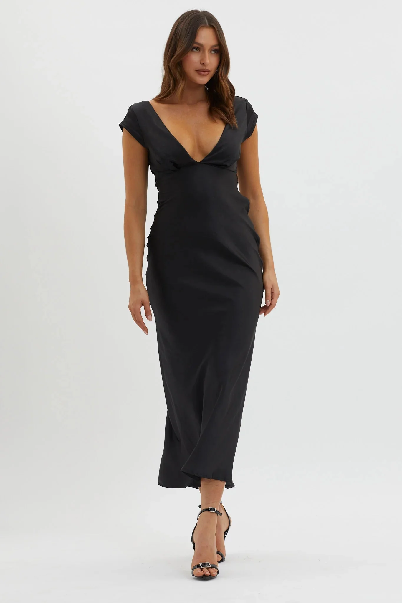 Lucinda V-Neck Twist Back Midi Dress Black