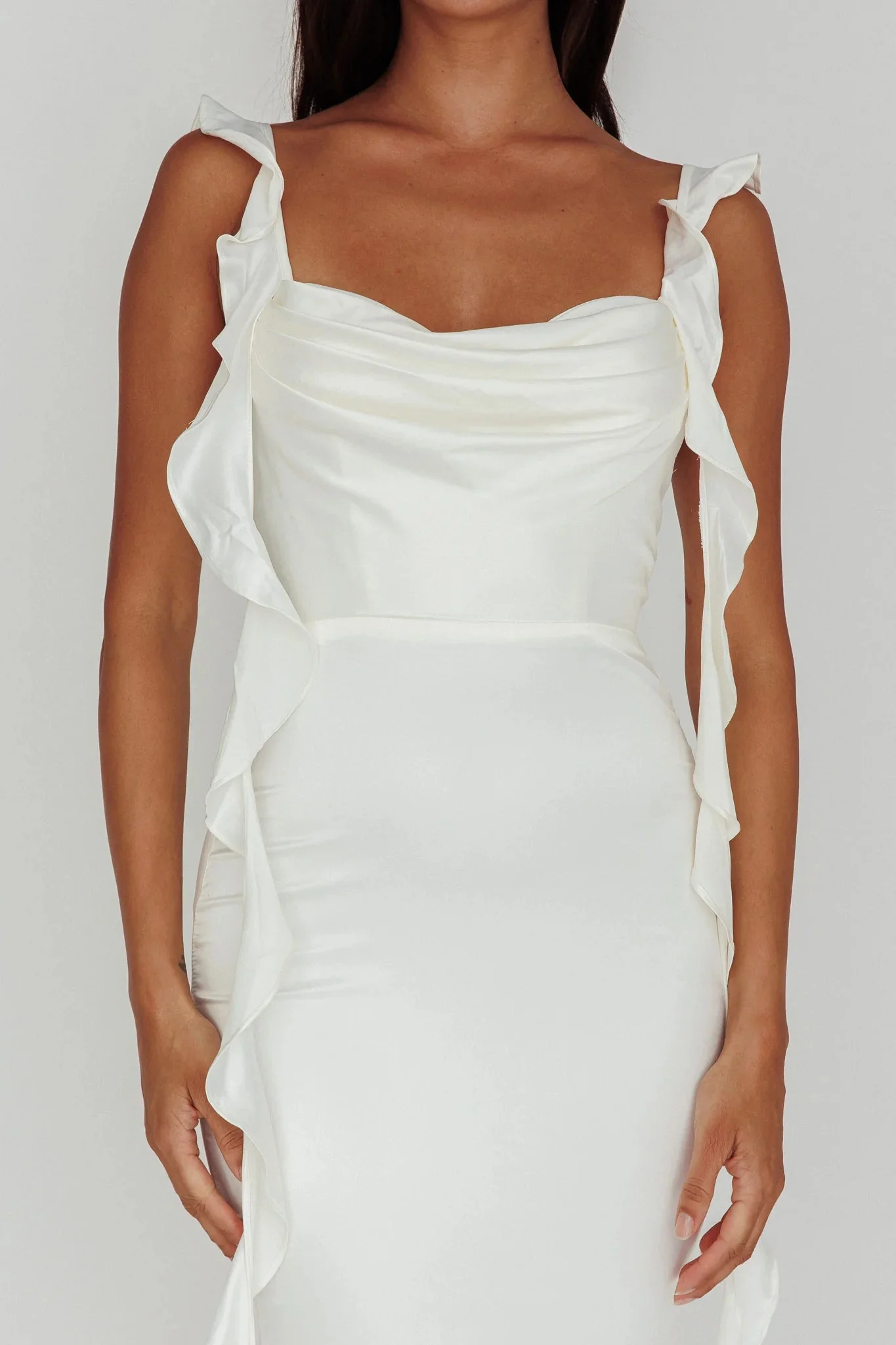 Blushing Ruffle Trim Midi Dress Oyster