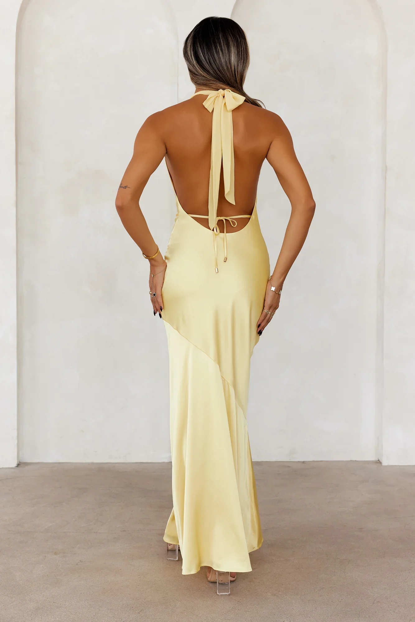 Lavish Lifestyle Satin Halter Maxi Dress Yellow