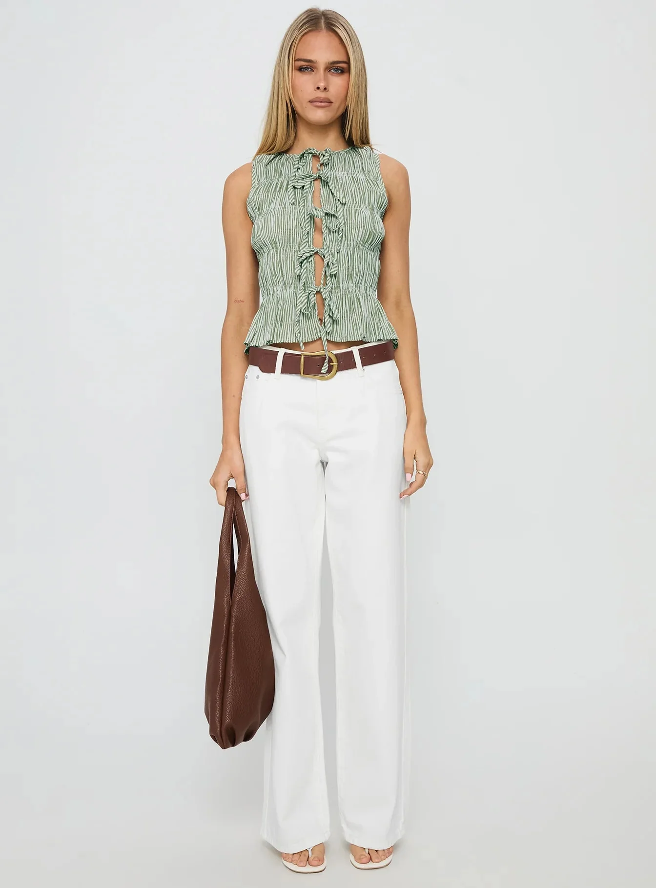 Apero Shirred Tie Front Top Green / White Stripe