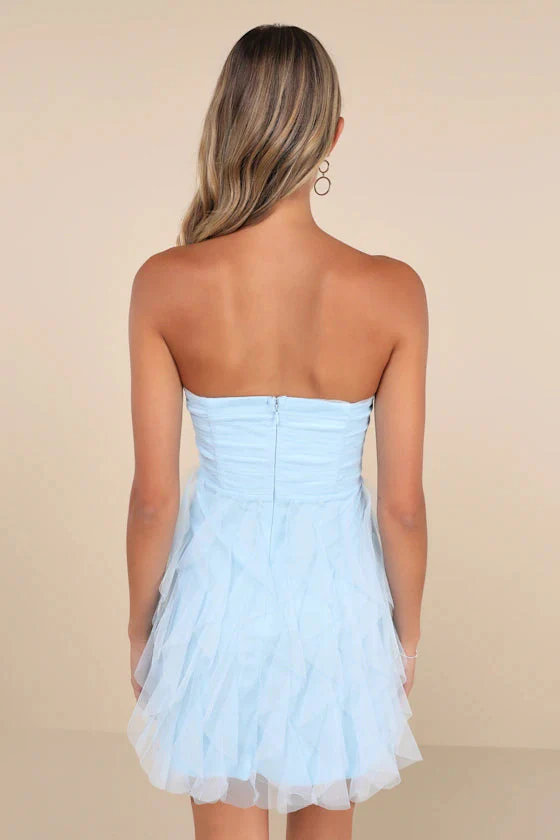 Delightful Beauty Light Blue Mesh Strapless Ruffled Mini Dress