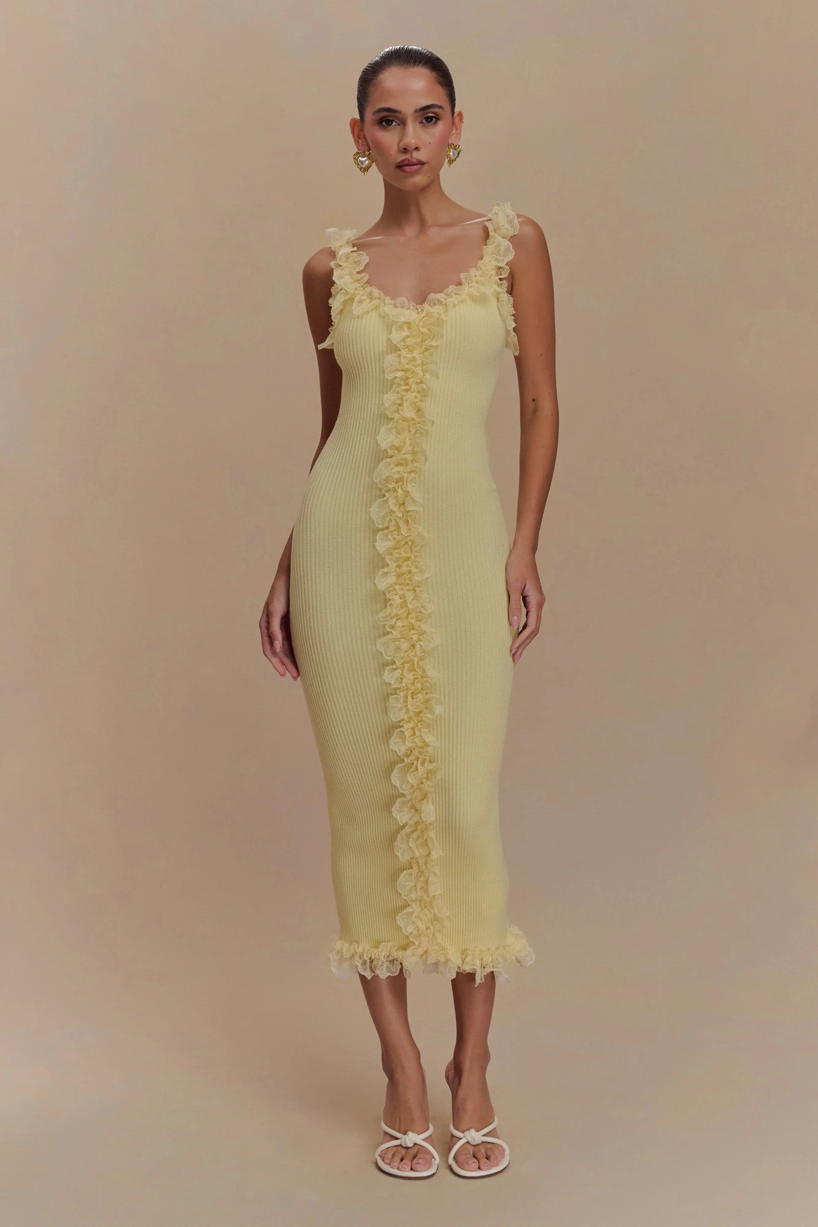 Shay Lace Ruffle Knit Midi Dress - Lemon