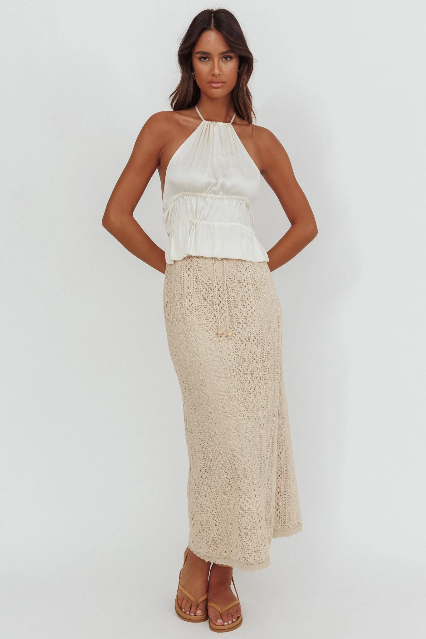 Days Away Crochet Lace Maxi Skirt Sand