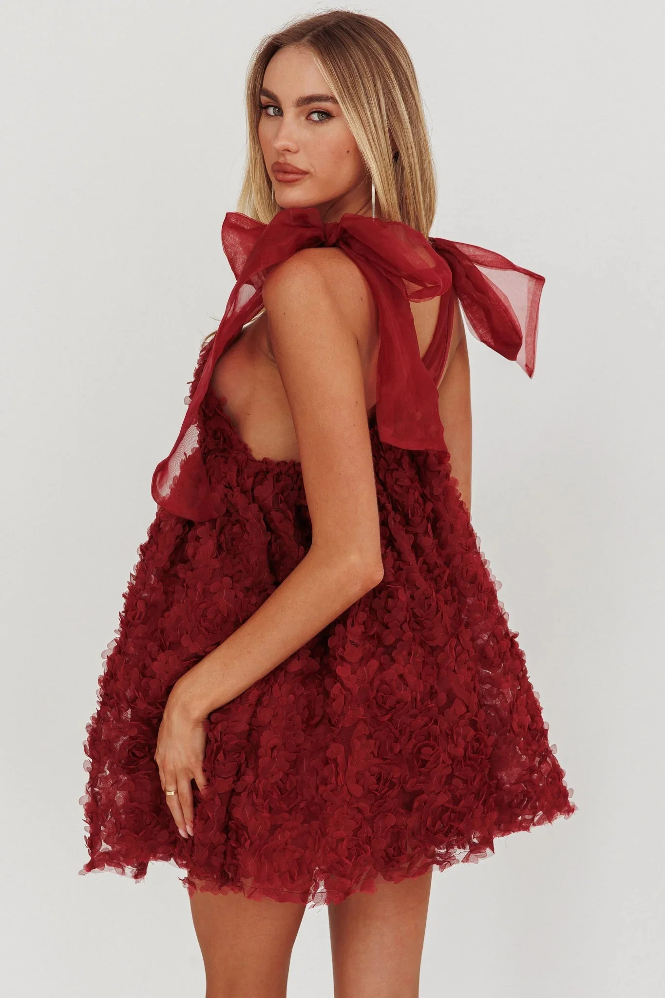 Lisette Tied Shoulder Embellished Mini Dress Wine