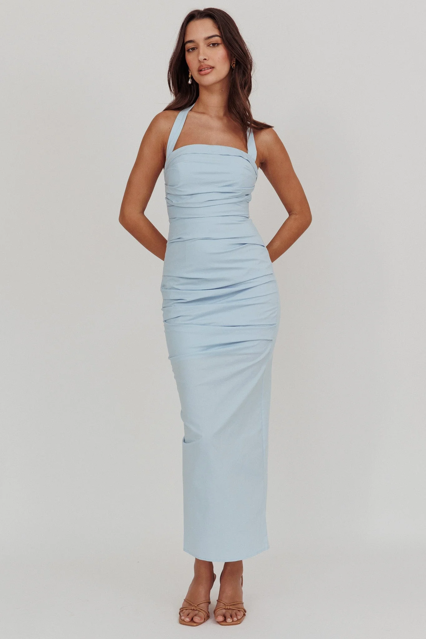 Scout Halterneck Ruched Maxi Dress Blue