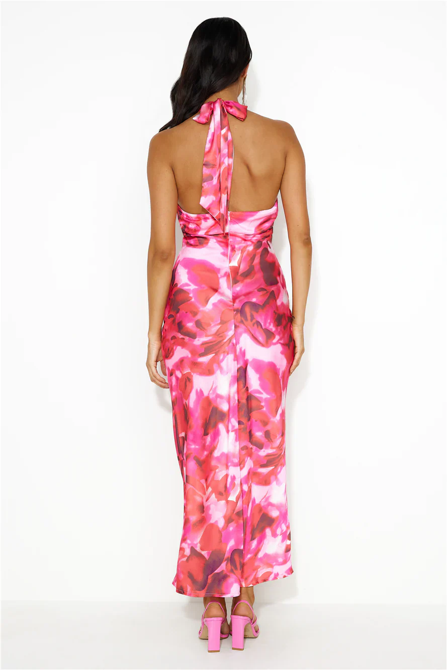 Ink Paint Halter Satin Maxi Dress Pink