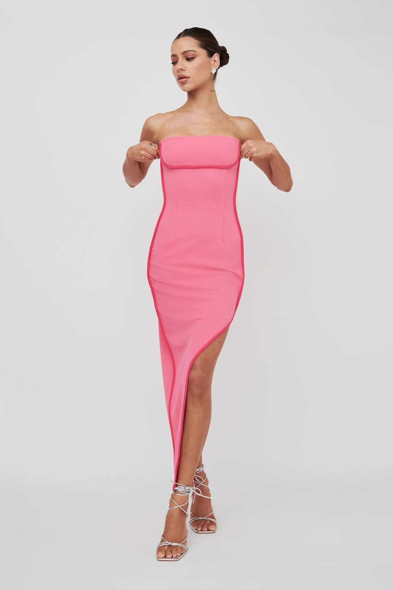 October Strapless Piping Midi Dress Hot Pink