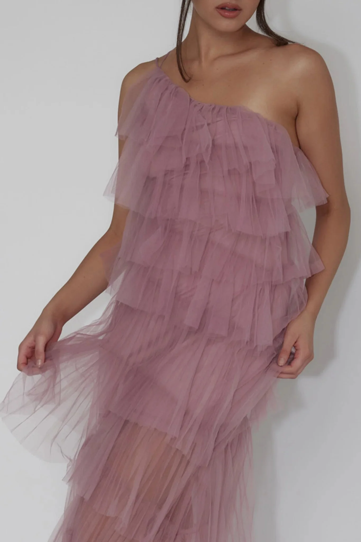 Arrabel Tiered Ruffle Tulle Maxi Dress Plum