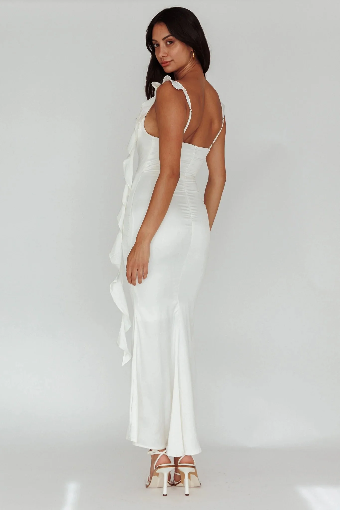 Blushing Ruffle Trim Midi Dress Oyster