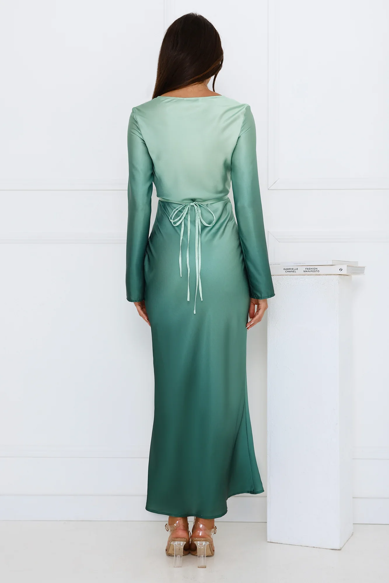 Horizon Hues Satin Long Sleeve Midi Dress Green Ombre