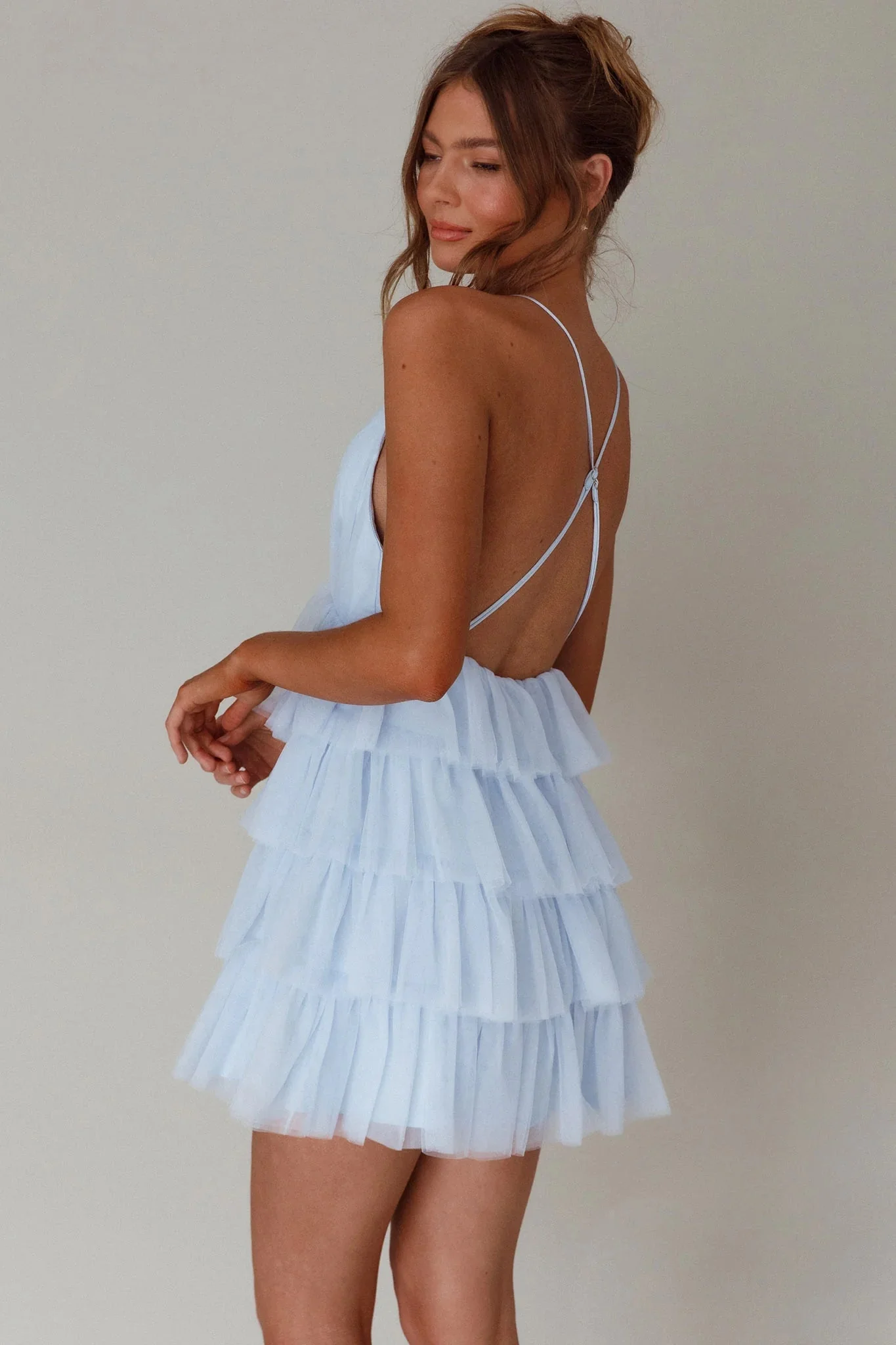 Auguste Tiered Frill Mini Dress Sky Blue
