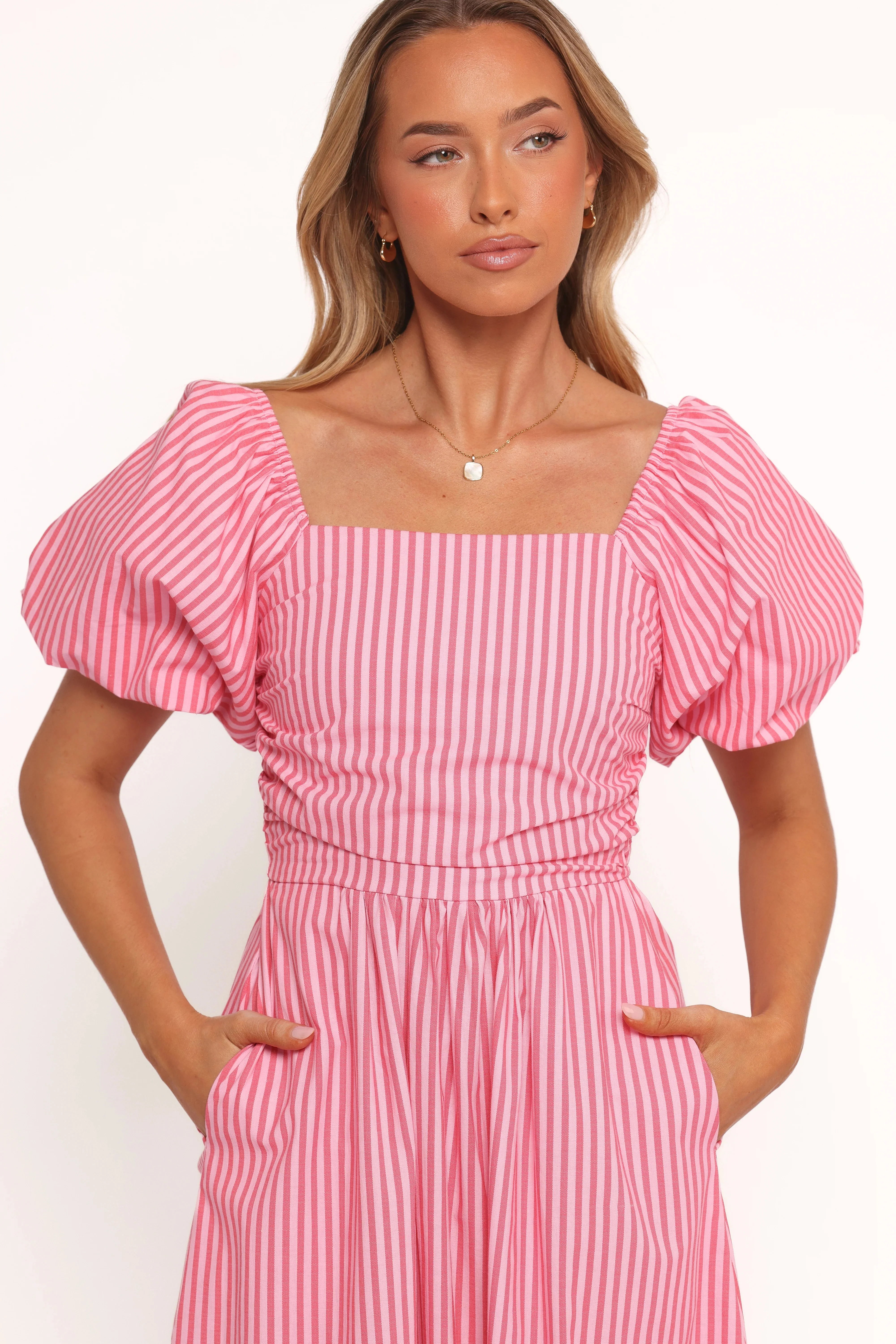 Chlo Puff Sleeve Midi Dress - Red Stripe
