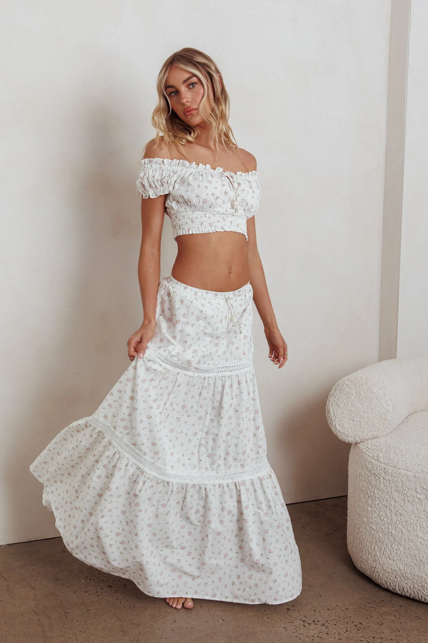 Canyon Cove Crochet Trim Maxi Skirt Floral Pink