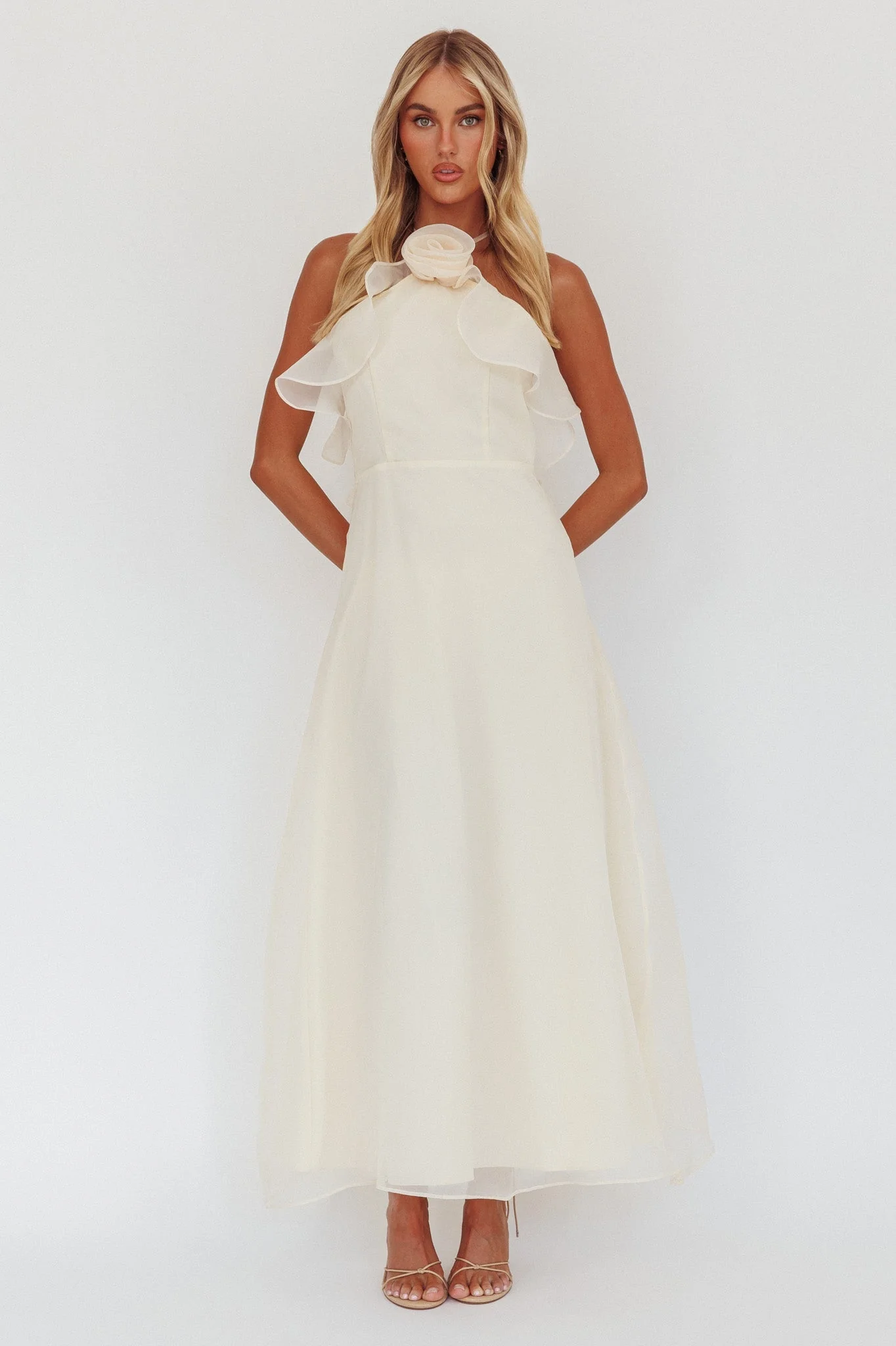 Cordially Invited Ruffle Neckline Rosette Maxi Vanilla