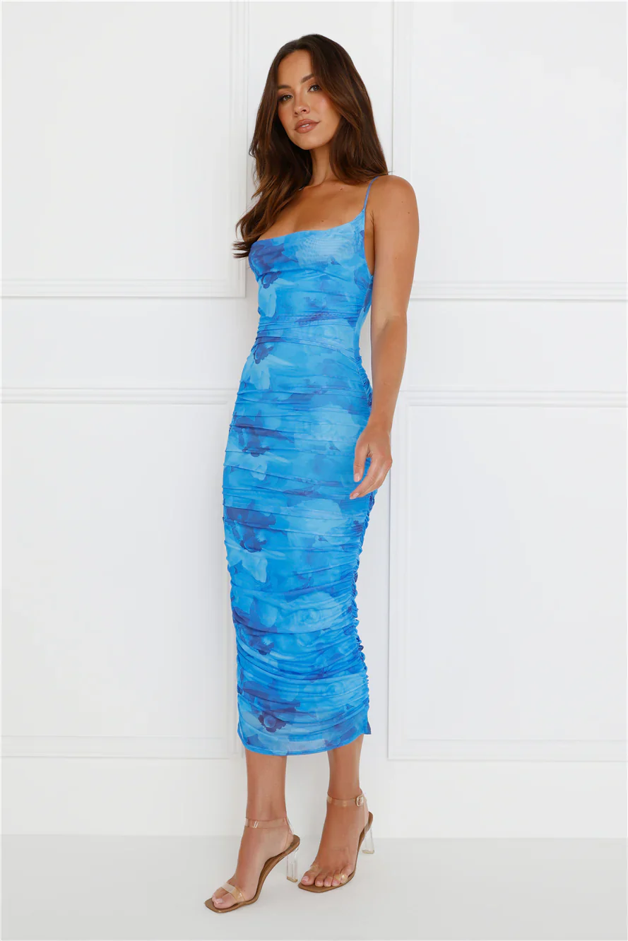 Highlight Shadows Mesh Midi Dress Blue