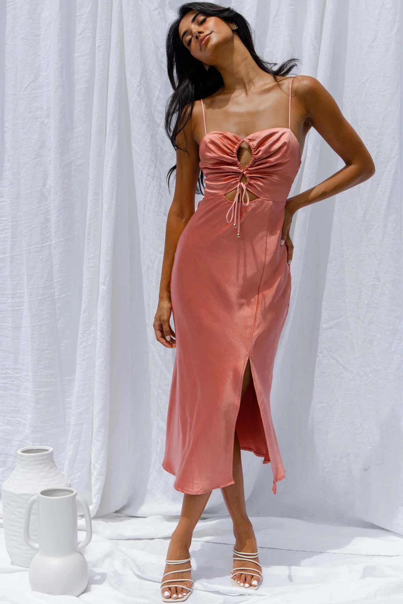 Date Night Drawstring Bust Midi Dress Rose