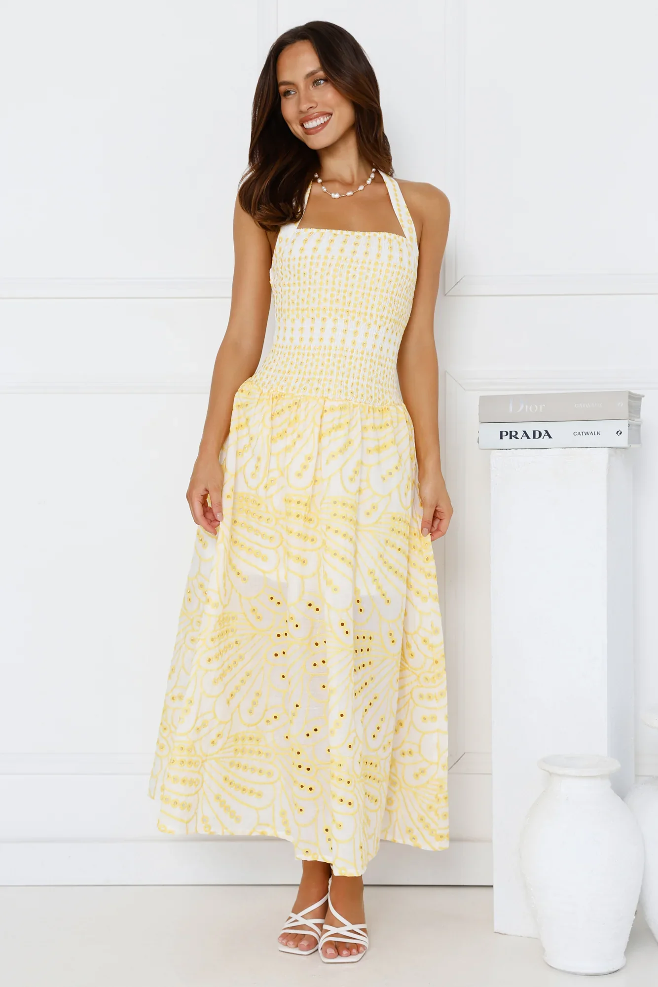 Leona Halter Embroidered Maxi Dress Yellow