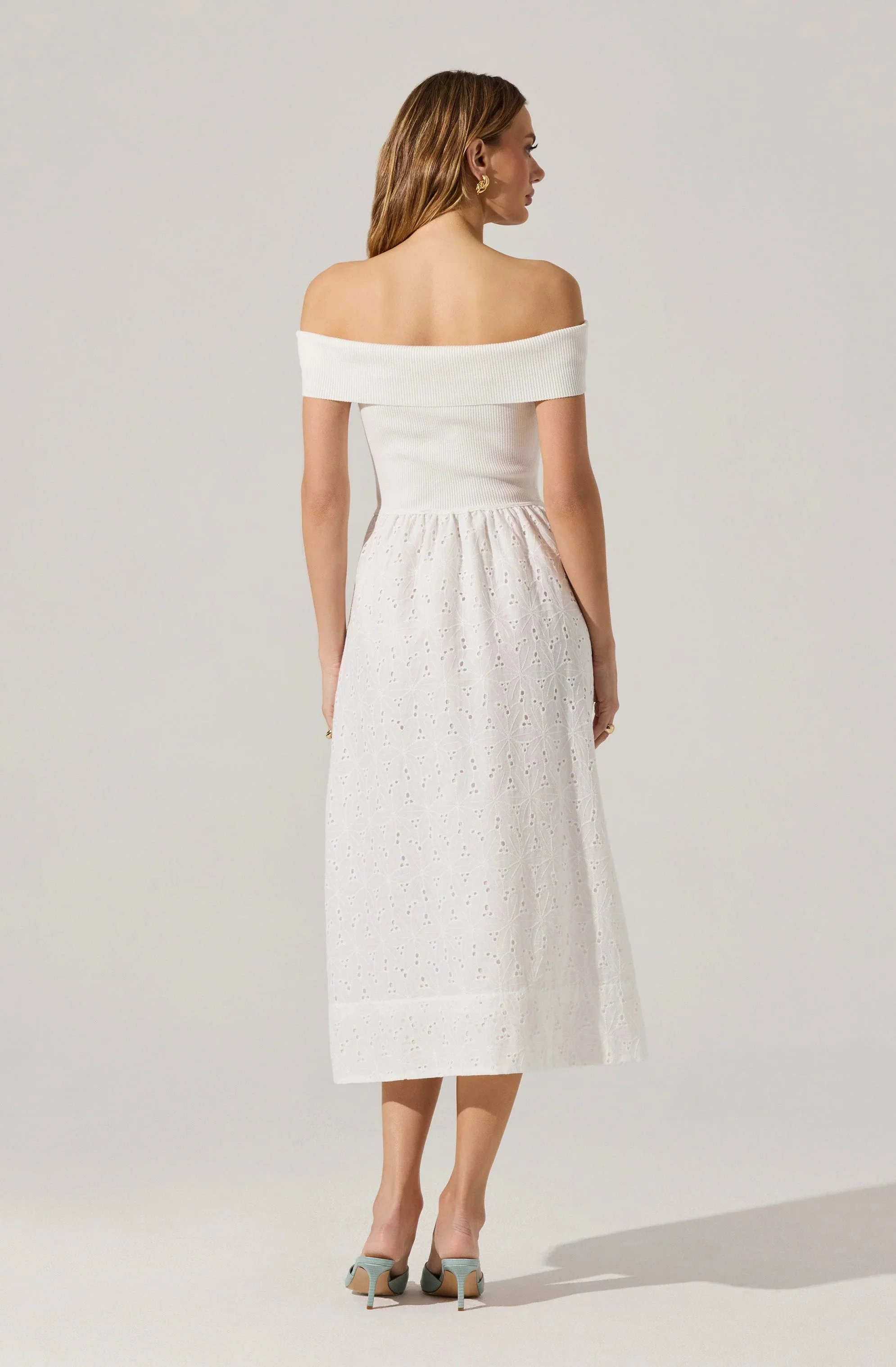 Off Shoulder Eyelet Midi Dress