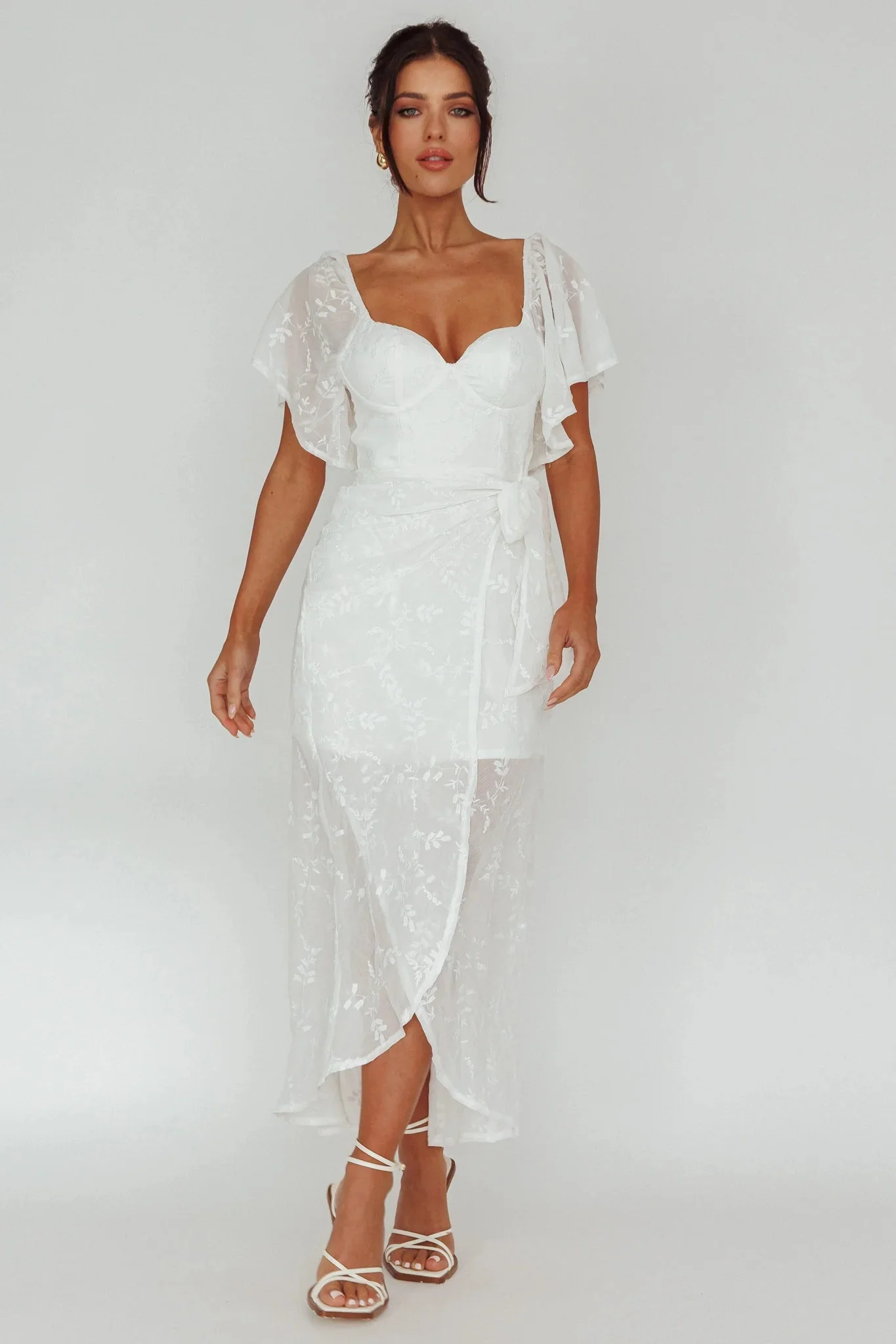 Aphrodite Molded Bust Angel Sleeve Midi Dress Floral White