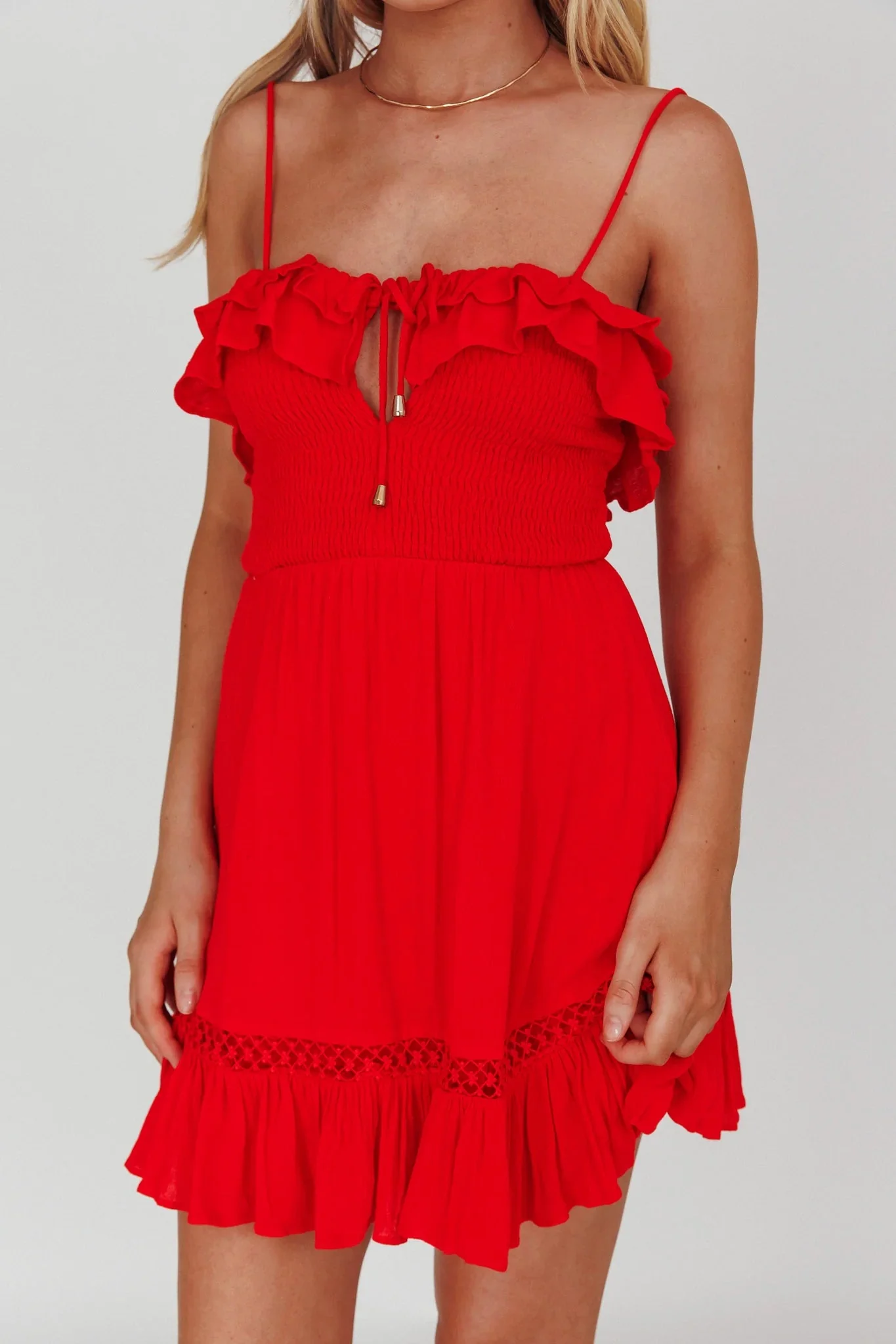 Daydream Shirred Bust Frill Trim Mini Dress Red