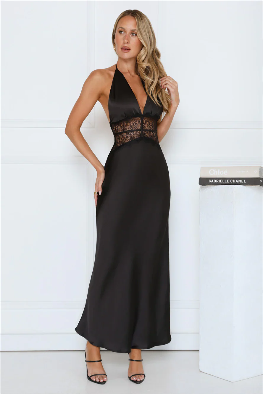 Ibiza Twilight Satin Lace Maxi Dress Black