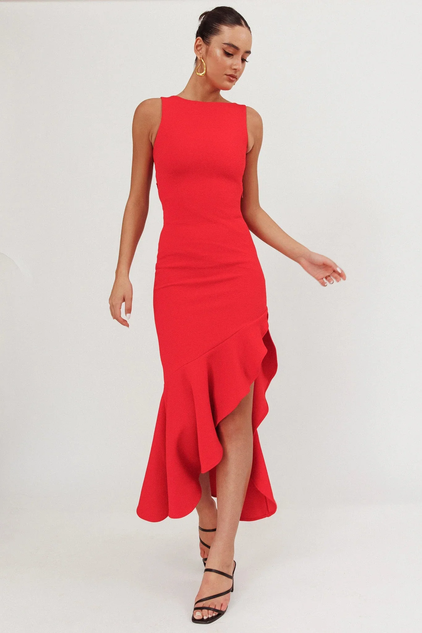 Lights On Asymmetric Hem Maxi Dress Red