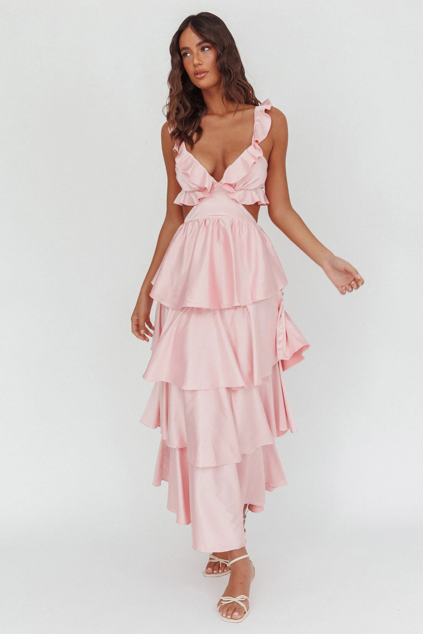 Catalina Tiered Ruffle Cut-Out Maxi Dress Blush