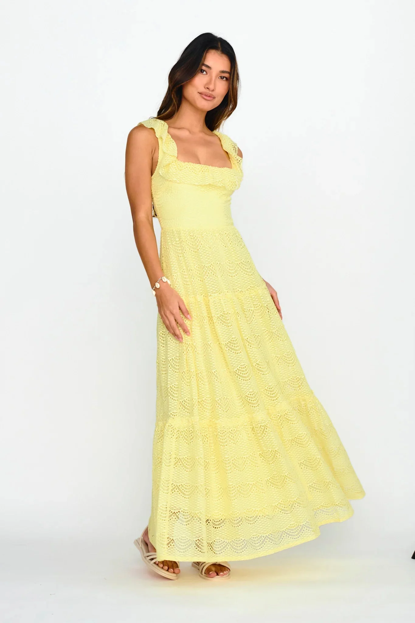 Portofino Sunset Ruffle Lace Maxi Dress Lemon