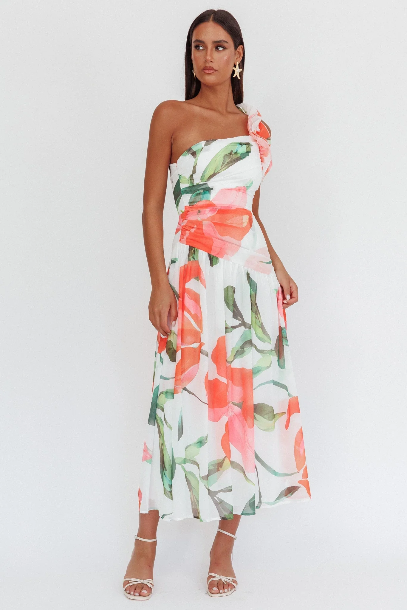 Kinley One-Shoulder Ruffle Maxi Dress Floral Red