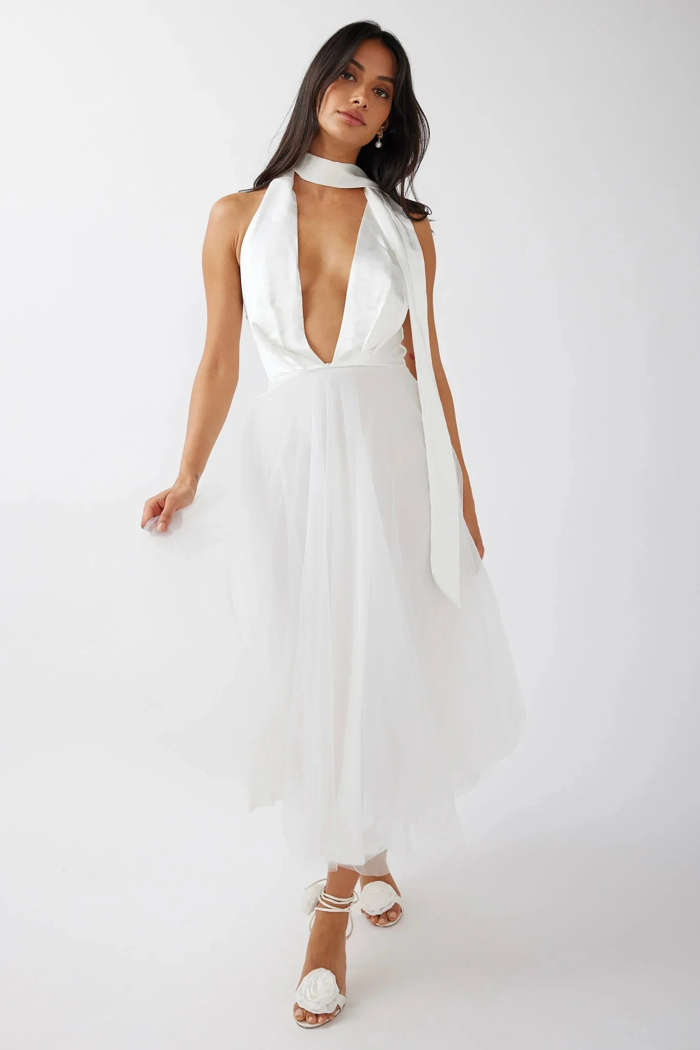 Darci Plunging Neckline Tulle Midi Dress White