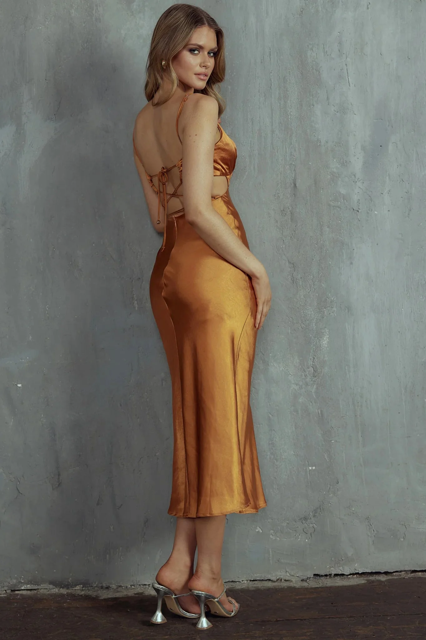 City Lights Cut-Out Waist Strappy Back Midi Dress Bronze