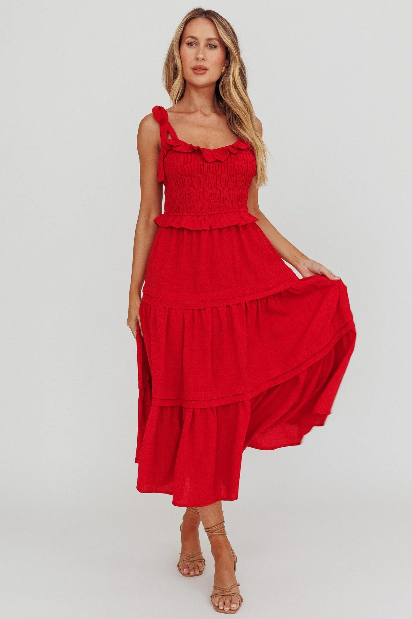 Paprika Tied Shoulder Shirred Midi Dress Red