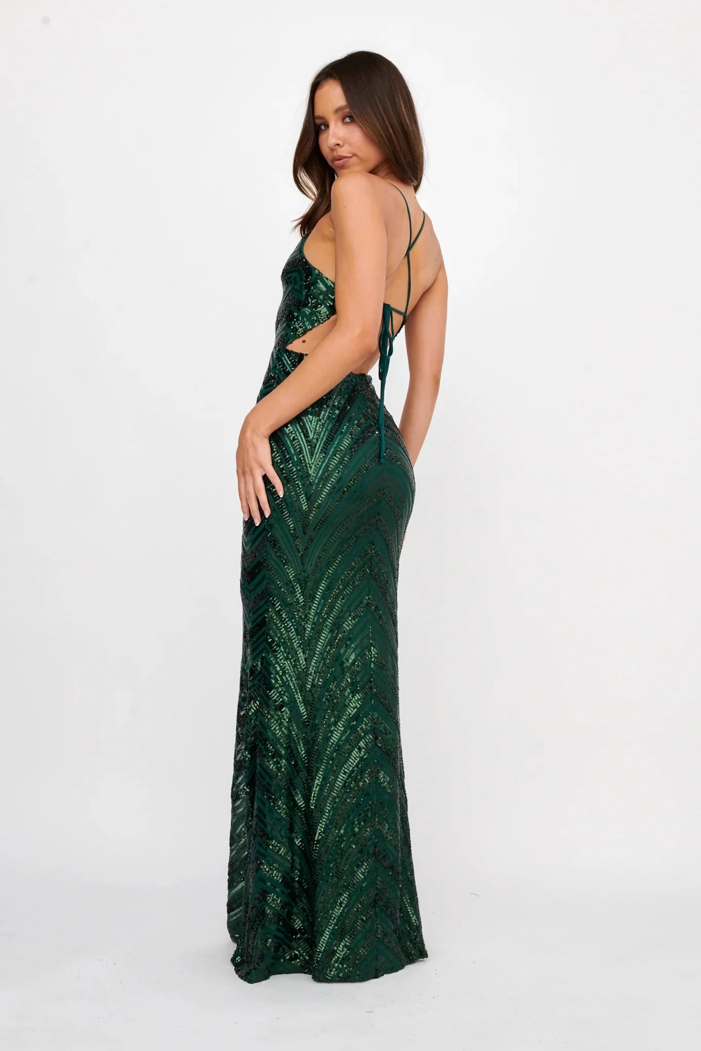 Dalila Open Tied Back Sequin Maxi Dress Hunter