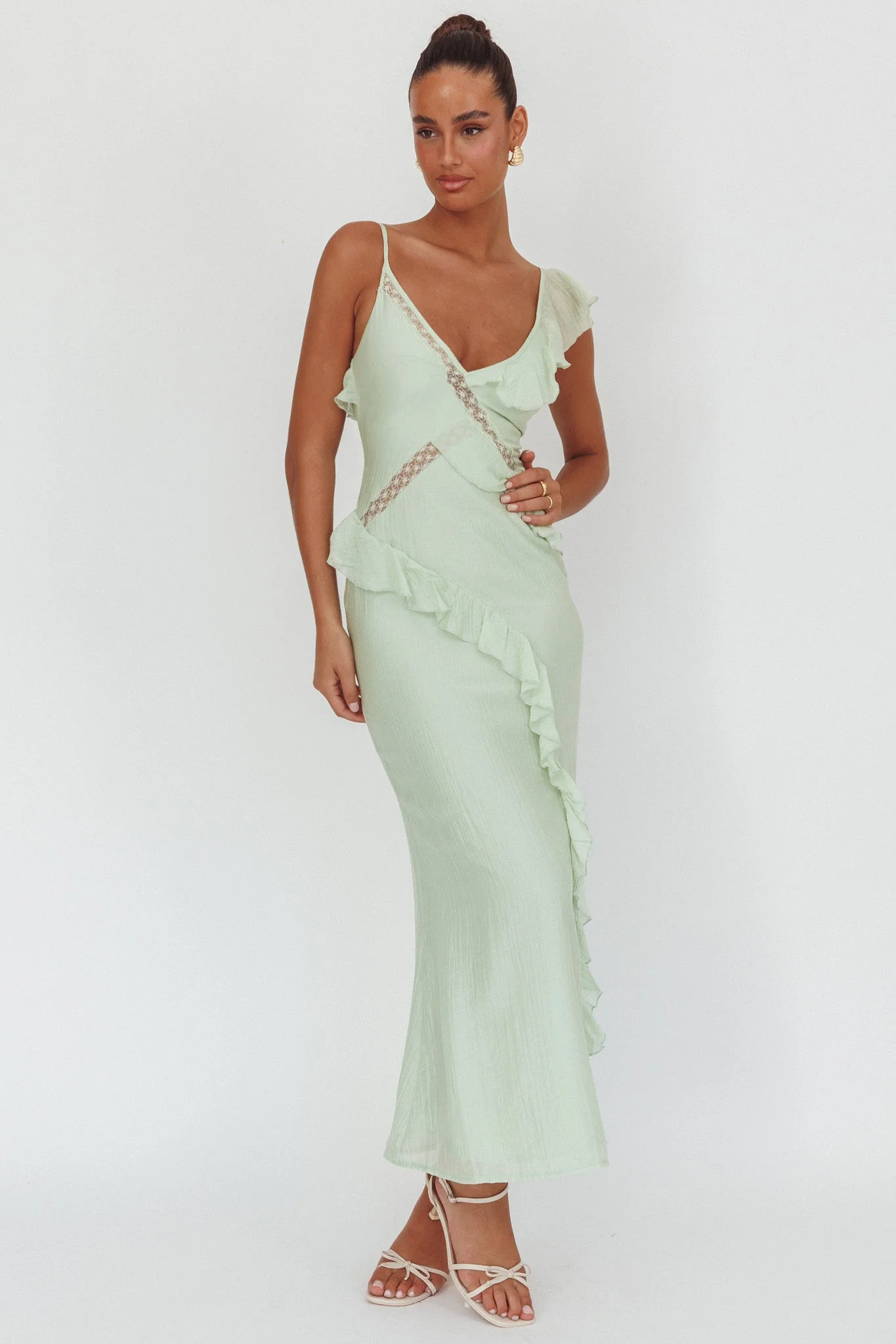 La Estrella Ruffle And Lace Trim Maxi Dress Sage