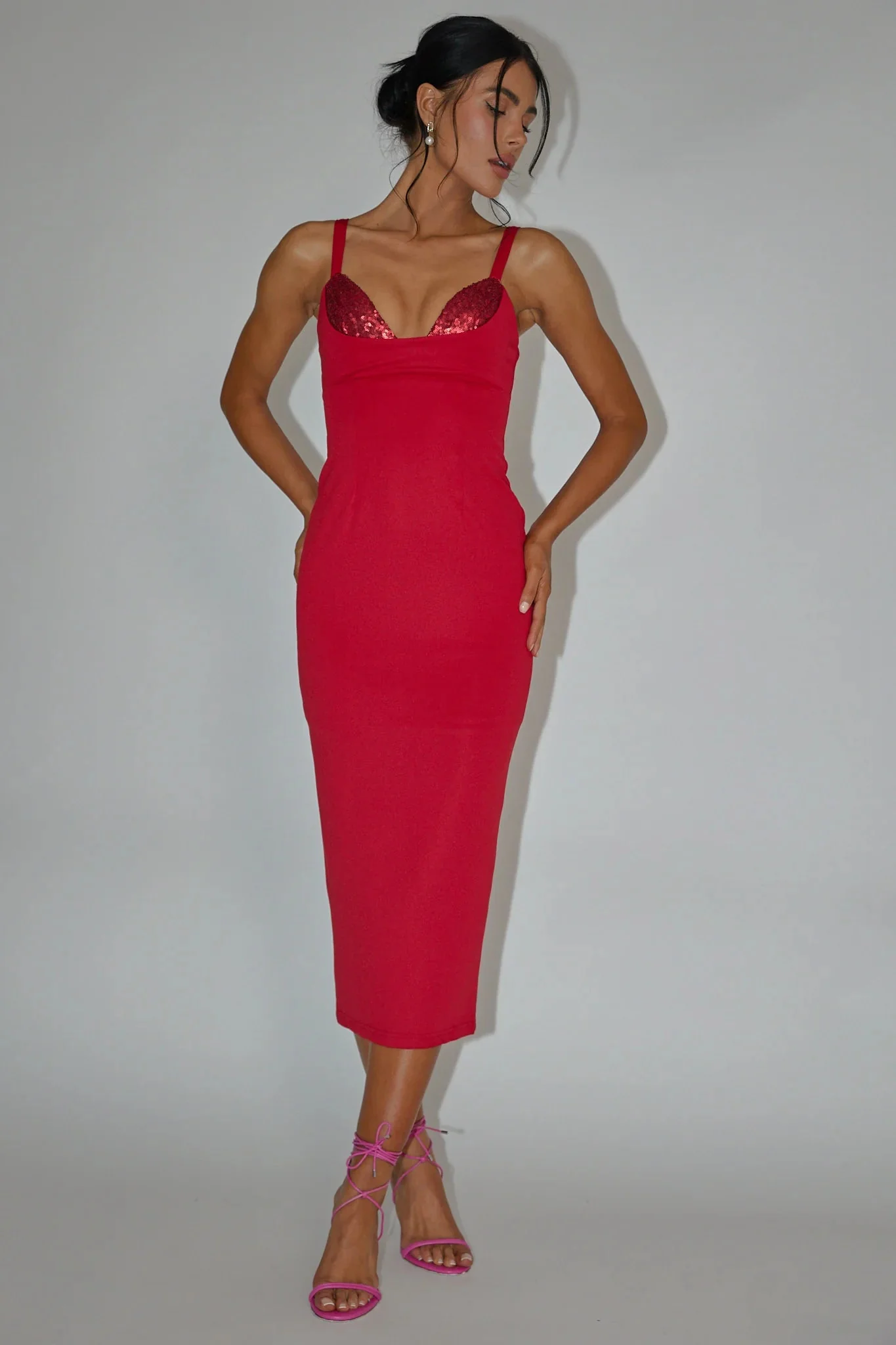 La Bellevilloise Sequin Bust Midi Dress Red