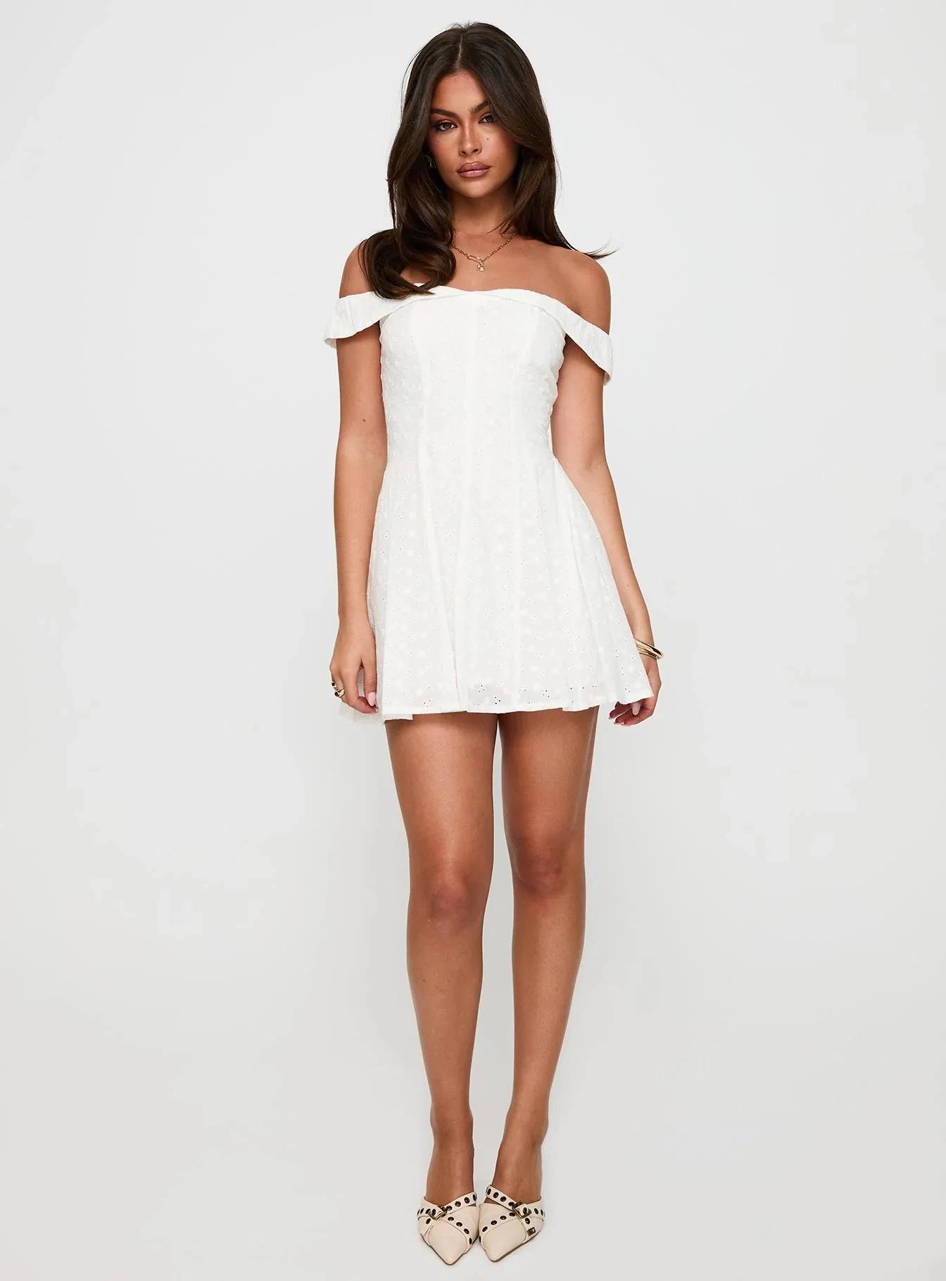 Rosebud Broderie Off The Shoulder Mini Dress White