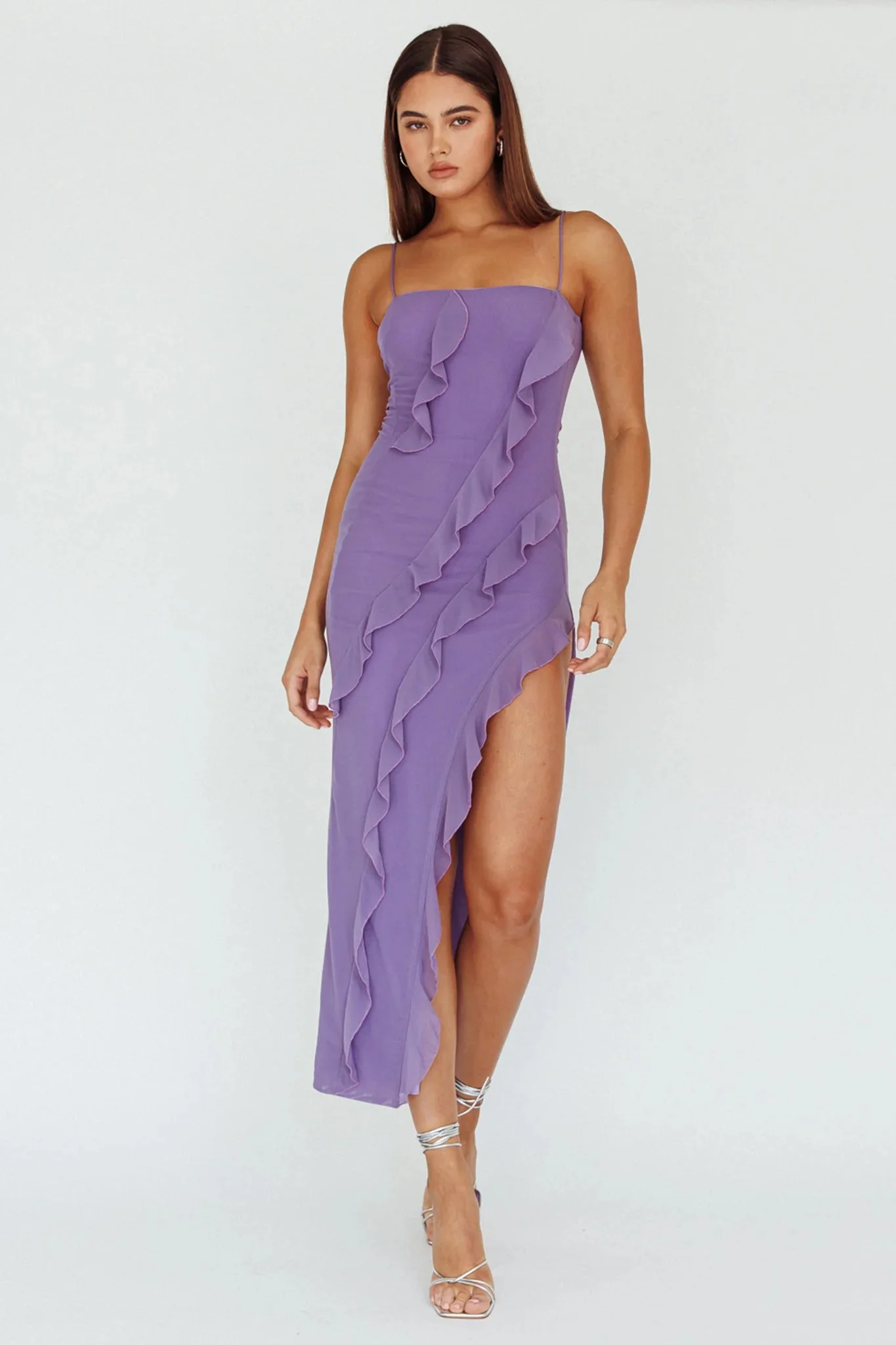 Catriona Split Ruffle Midi Dress Mauve