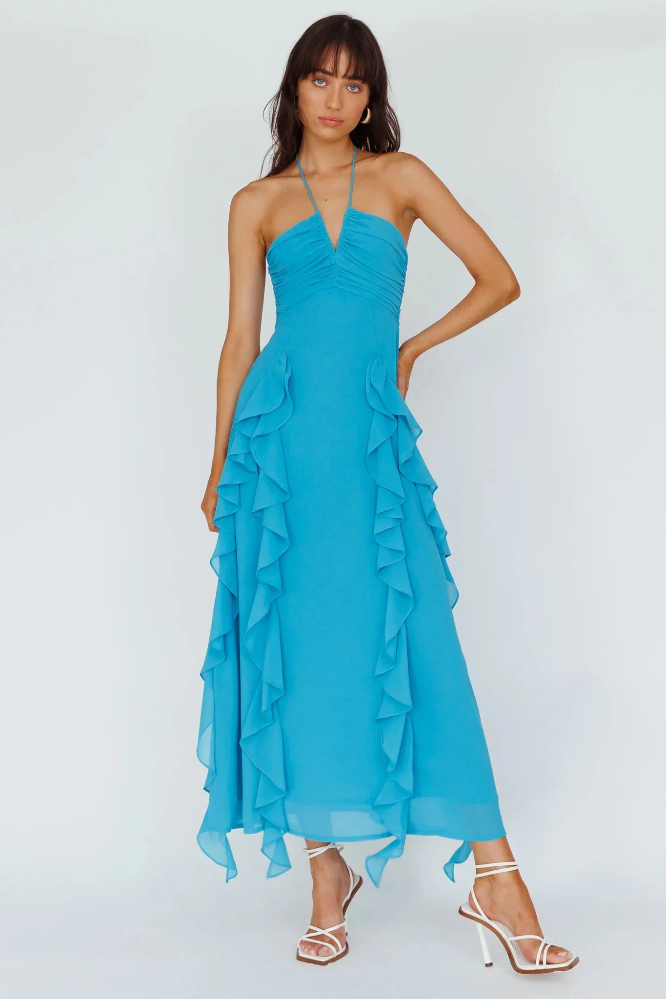 Asiah Ruffle Trim Halterneck Maxi Dress Cerulean Blue